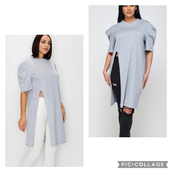 Heather Gray Long T-Shirt w/Puffy Shoulders - Picture 2 of 5